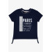 Girl's T-Shirt, Letter Printed, Glittery, Shirred Sides, Navy Blue (9-14 Years)
