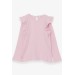 Girl's Long Sleeve Blouse With Ruffle Shoulder Powder (6-12 Years)
