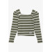 Girl's Long Sleeve Crop T-Shirt Square Neck Khaki Green (8-14 Years)