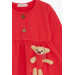 فستان بناتي بأكمام طويلة مزين بدبدوب/أحمر رماني(2-6سنوات)