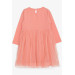 Girl Long Sleeve Dress With Bow Tulle Salmon (3-8 Ages)
