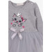فستان بناتي بأكمام طويلة مزين برسمة قطة وترتر لون رمادي ميلانج (1.5-5 سنوات)