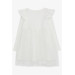 Girl's Long Sleeve Dress Ruffle Shoulder White (Age 3-8)