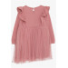 Girl Long Sleeve Dress With Frill Shoulder Pink Rose (3-4 Ages)