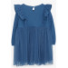 Girl Long Sleeve Dress With Ruffle Shoulder Indigo (3-8 Ages)