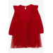فستان بناتي بأكمام طويلة مع أكتاف مكشكش لون أحمر (3-6 سنوات)