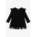 Girl's Long Sleeve Dress, Ruffle Shoulder, Tulle, Bow Tie, Black (Age 3-7)