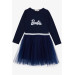 Girl's Long Sleeve Dress Sequined Text Printed Tulle Navy Blue (Age 5-10)
