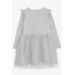 Light Gray Bunny Print Tulle Long Sleeves Waist Girls Dress (1.5-5 Years)