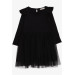 Girl's Long Sleeve Dress Tulle Ruffle Shoulder Black (Age 3-8)