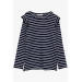 Girl's Long Sleeved T-Shirt Striped Ruffle Off Shoulder Navy (6-12 Years)