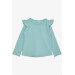 Girl's Long Sleeve T-Shirt With Laced Shoulders, Aqua Green (Ages 3-7)