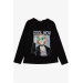 Girl's Long Sleeve T-Shirt Sequined Girl Printed Black (Ages 9-14)