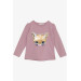 Girl's Long Sleeve T-Shirt Cute Kitten Animated Sequin Embroidered Dusty Rose (Ages 3-8)
