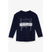 Girl's Long Sleeve T-Shirt With Stone Text Printed Navy Blue (6-12 Years)