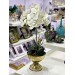 A Decorative Set Of 2 Large White Orchids In A Golden Metal Ball Vase