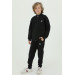 Boy Stand Collar Printed Detailed Double Pocket Cardigan Three Piece Tracksuit Set