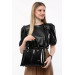 3 Compartment Patterned Women's Patent Leather Black Hand Shoulder And Crossbody Bag