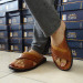 Men's Sandal Made Of Premium Genuine Leather, With Two Cross Straps, Light Brown