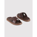 Men's Slippers With A Cross Strap, Made Of Natural Leather, Brown