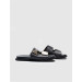 Genuine Leather Black Buckle Detailed Women's Flat Slippers