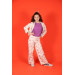 04 -14 Years Girl Child Purple Flower Embroidered Trousers