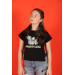 Girl's Eagle Printed Chain Detailed Black Color T-Shirt