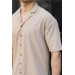 Ribbed Bowling Collar Short Sleeve Shirt -Beige