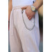 Chain Detailed Elastic Waist Double Leg Knitted Linen Trousers - Beige