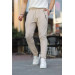 Chain Detailed Elastic Waist Knitted Patterned Trousers - Beige