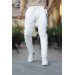 Chain Detailed Elastic Waist Knitted Patterned Trousers - White