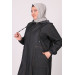 Plus Size Zippered And Hooded Denim Abaya - Anthracite