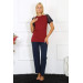 Women's Combed Cotton Pajama Set With Burgundy Lace Sleeves