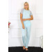 Women's Aqua Green Combed Cotton Pajama Set With Lace Sleeves