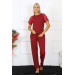Women's Burgundy Combed Cotton Pajama Set With Lace Sleeves