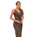 Copper Lacquered Chiffon Double Breasted Slit Evening Dress