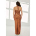 Copper Sequined Mid-Cut Long Evening Dress