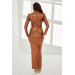 Copper Sequined Long Sleeve Long Evening Dress