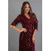Burgundy Fringed Sequined Low Cut Short Evening Dress