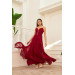 Burgundy Chiffon Strap Long Evening Dress With Stones On The Collar