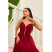 Burgundy Chiffon Strap Long Evening Dress With Stones On The Collar