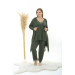 Plus Size Women's Khaki Lace String Strap Knitted Comfortable Dressing Gown + Pajama Set 3 Pieces