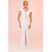 Ecru Plisoley Long Evening Dress With Stone Slit On The Front