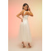 Ecru Back Tied Glittery Tulle Midi Wedding Dress