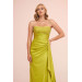 Pistachio Green Satin Front Embroidered Balloon Sleeve Long Evening Dress