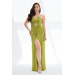 Pistachio Green Satin Long Evening Dress With Slit On The Front