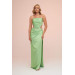 Pistachio Green Satin Strapless Long Evening Dress With Side Slit