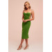 Pistachio Green Stone Lace Midi Crepe Evening Dress