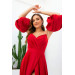 Red Satin Balloon Sleeve Slit Long Evening Dress