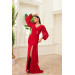 Red Chiffon Buckle Detailed Long Evening Dress